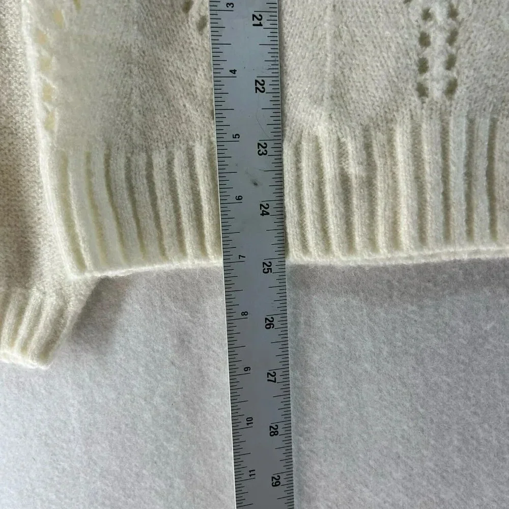 GAP Sweater Women's S Beige Cable-Knit Pointelle Crew Neck Ribbed Balloon Sleeve - Picture 5 of 13